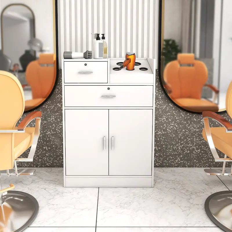 Meuble de rangement verrouillable avec 2 tiroirs, 1 placard et support pour sèche-cheveux – Blanc, Panneau de particules de mélamine
