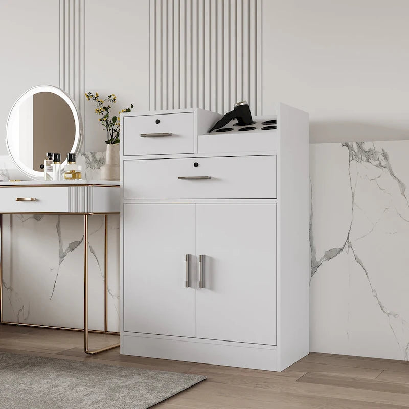 Meuble de rangement verrouillable avec 2 tiroirs, 1 placard et support pour sèche-cheveux – Blanc, Panneau de particules de mélamine