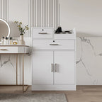 Meuble de rangement verrouillable avec 2 tiroirs, 1 placard et support pour sèche-cheveux – Blanc, Panneau de particules de mélamine