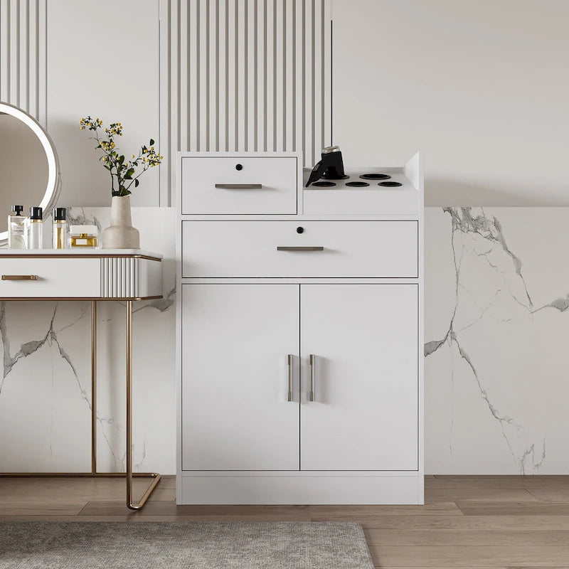 Meuble de rangement verrouillable avec 2 tiroirs, 1 placard et support pour sèche-cheveux – Blanc, Panneau de particules de mélamine