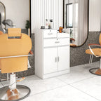 Meuble de rangement verrouillable avec 2 tiroirs, 1 placard et support pour sèche-cheveux – Blanc, Panneau de particules de mélamine