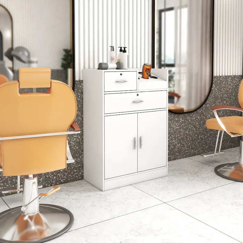 Meuble de rangement verrouillable avec 2 tiroirs, 1 placard et support pour sèche-cheveux – Blanc, Panneau de particules de mélamine