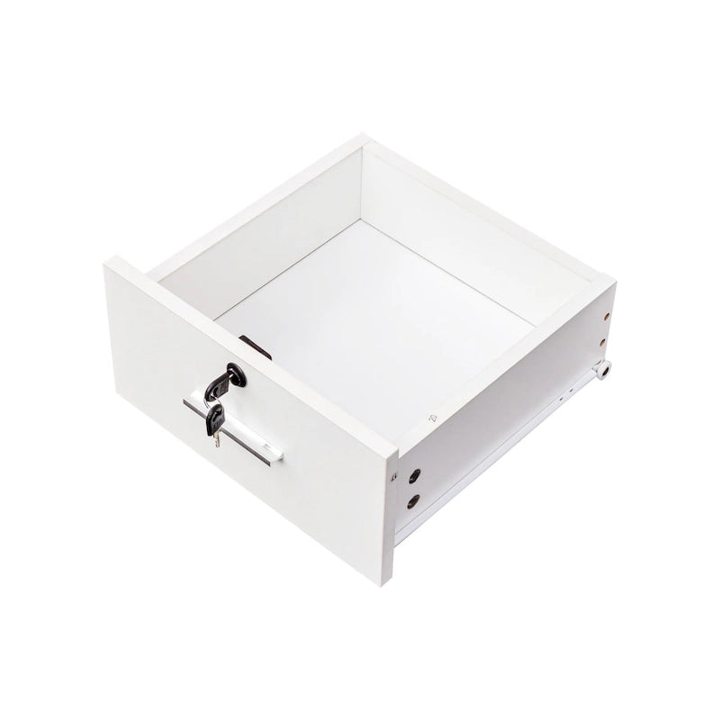 Meuble de rangement verrouillable avec 2 tiroirs, 1 placard et support pour sèche-cheveux – Blanc, Panneau de particules de mélamine