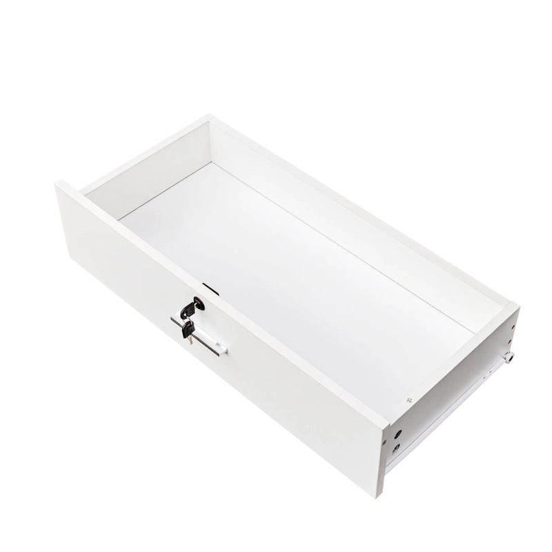 Meuble de rangement verrouillable avec 2 tiroirs, 1 placard et support pour sèche-cheveux – Blanc, Panneau de particules de mélamine