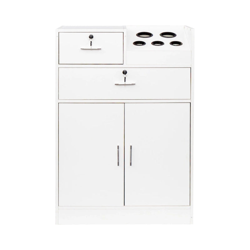 Meuble de rangement verrouillable avec 2 tiroirs, 1 placard et support pour sèche-cheveux – Blanc, Panneau de particules de mélamine