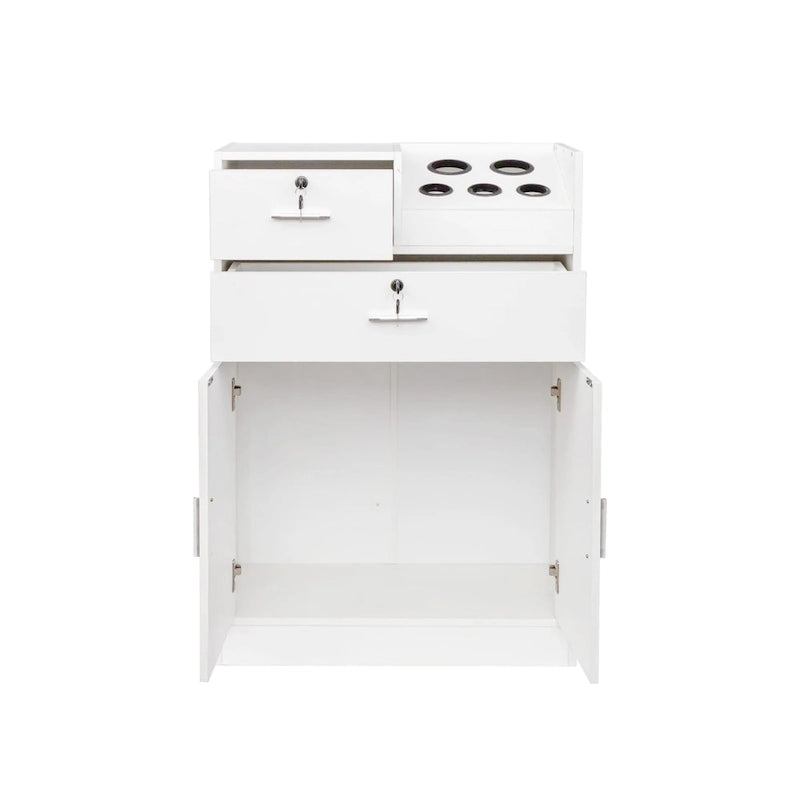 Meuble de rangement verrouillable avec 2 tiroirs, 1 placard et support pour sèche-cheveux – Blanc, Panneau de particules de mélamine