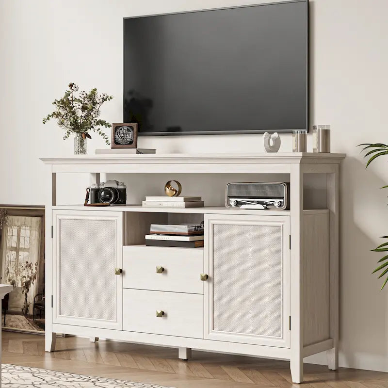 Buffet en rotin avec 2 tiroirs et étagères réglables – Blanc, style bohème chic