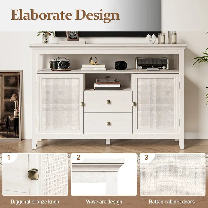 Buffet en rotin avec 2 tiroirs et étagères réglables – Blanc, style bohème chic