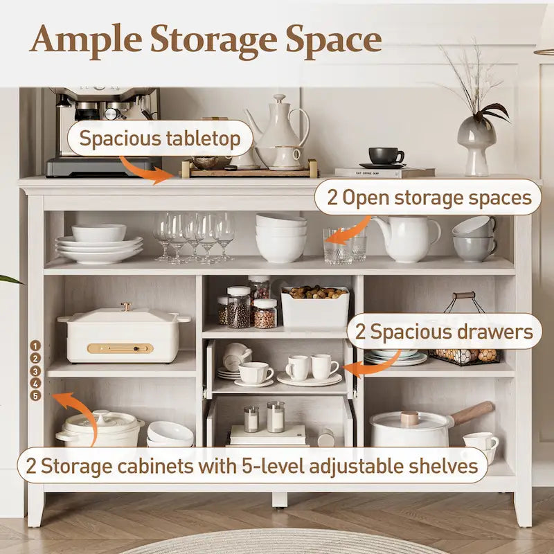 Buffet en rotin avec 2 tiroirs et étagères réglables – Blanc, style bohème chic
