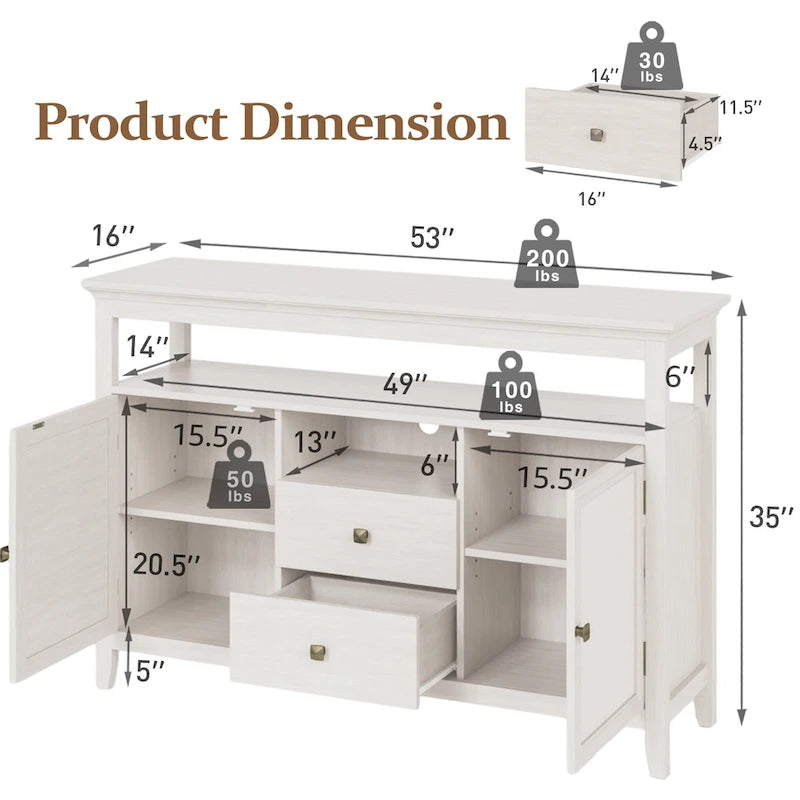 Buffet en rotin avec 2 tiroirs et étagères réglables – Blanc, style bohème chic