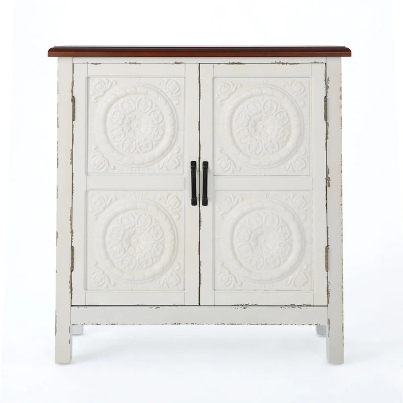 Meuble bas à façade carrelée avec finition vieillie et revêtement aspect bois – Marron / Bleu marine, Bois de sapin, Fait à la main