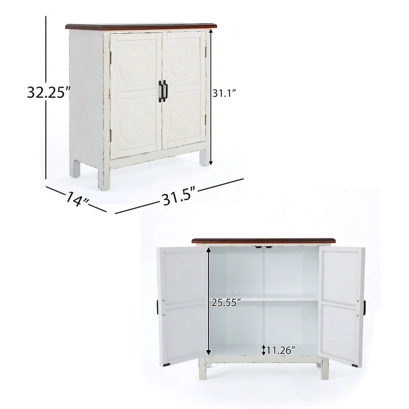 Meuble bas à façade carrelée avec finition vieillie et revêtement aspect bois – Marron / Bleu marine, Bois de sapin, Fait à la main