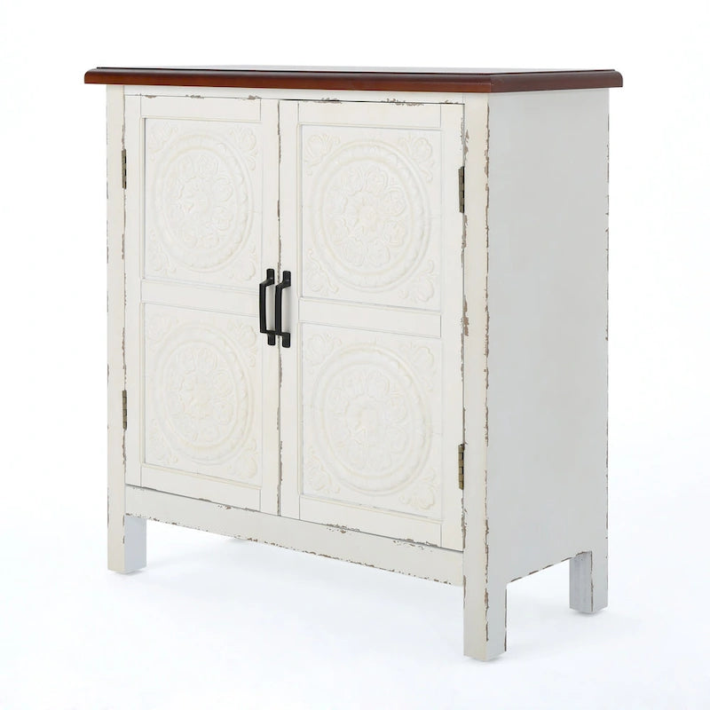 Meuble bas à façade carrelée avec finition vieillie et revêtement aspect bois – Marron / Bleu marine, Bois de sapin, Fait à la main