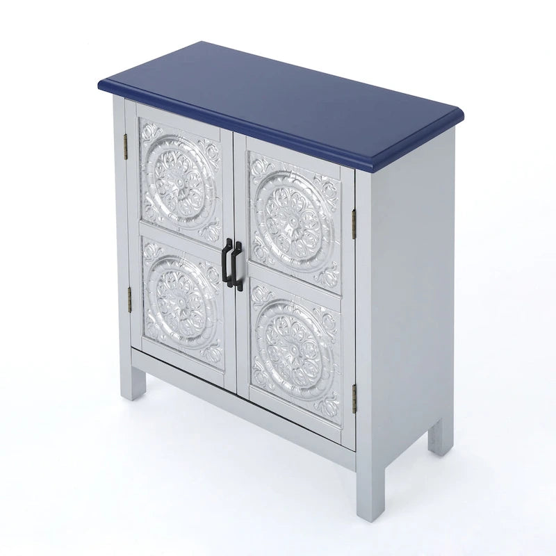 Meuble bas à façade carrelée avec finition vieillie et revêtement aspect bois – Marron / Bleu marine, Bois de sapin, Fait à la main