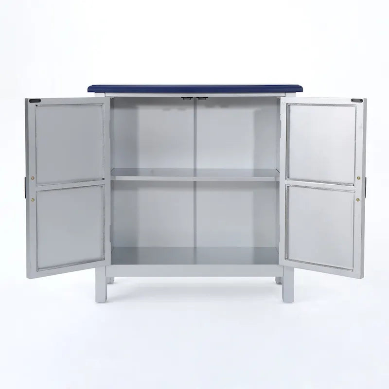 Meuble bas à façade carrelée avec finition vieillie et revêtement aspect bois – Marron / Bleu marine, Bois de sapin, Fait à la main