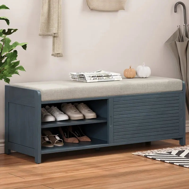 Banc de rangement style persienne avec siège en placage acacia – Blanc / Gris / Espresso / Bleu marine / Blanc vieilli, 1 place