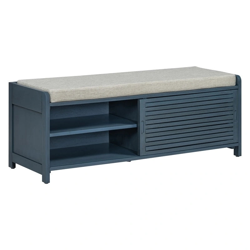 Banc de rangement style persienne avec siège en placage acacia – Blanc / Gris / Espresso / Bleu marine / Blanc vieilli, 1 place