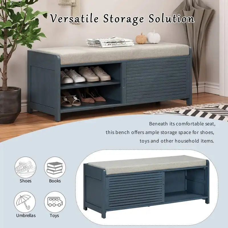Banc de rangement style persienne avec siège en placage acacia – Blanc / Gris / Espresso / Bleu marine / Blanc vieilli, 1 place