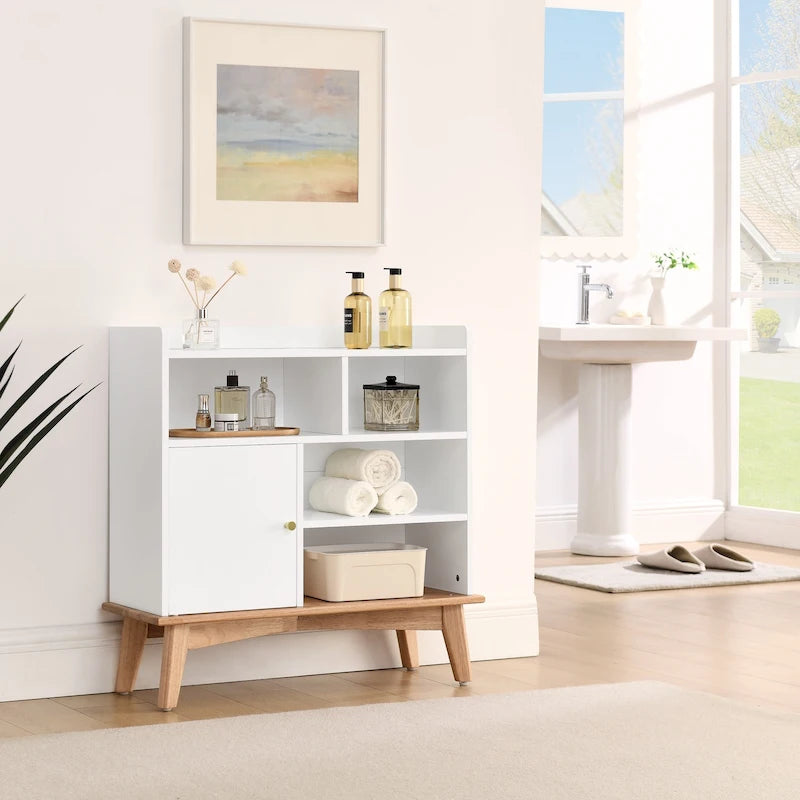 Meuble de rangement Color-Block avec pieds en bois massif et étagères ouvertes – Naturel, MDF, 5 compartiments ouverts + 1 compartiment caché