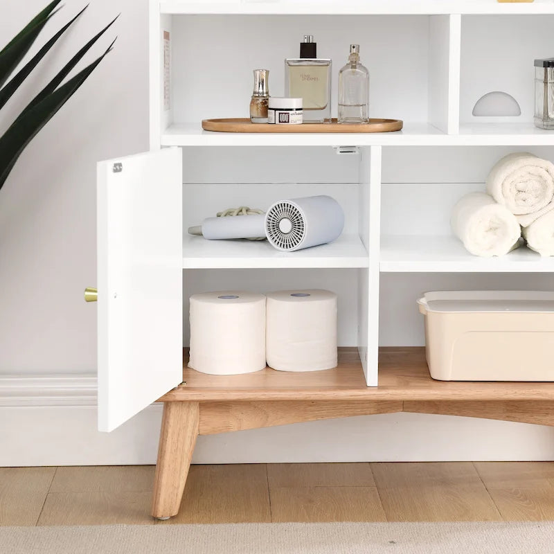 Meuble de rangement Color-Block avec pieds en bois massif et étagères ouvertes – Naturel, MDF, 5 compartiments ouverts + 1 compartiment caché