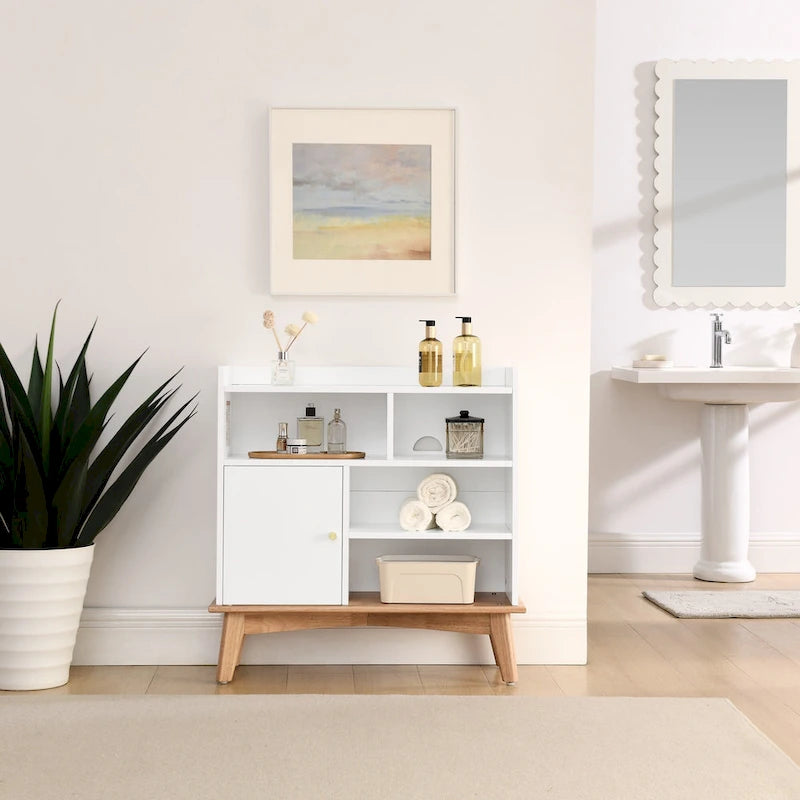 Meuble de rangement Color-Block avec pieds en bois massif et étagères ouvertes – Naturel, MDF, 5 compartiments ouverts + 1 compartiment caché