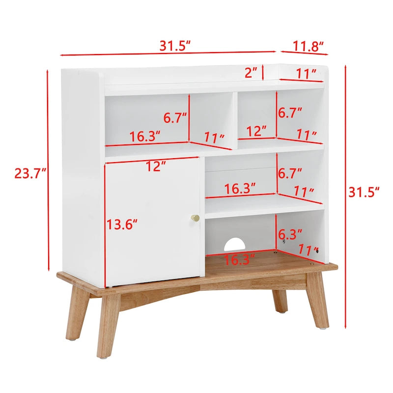 Meuble de rangement Color-Block avec pieds en bois massif et étagères ouvertes – Naturel, MDF, 5 compartiments ouverts + 1 compartiment caché