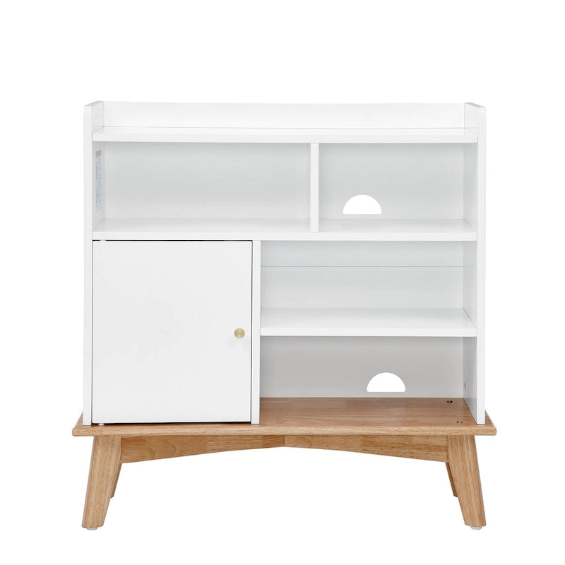 Meuble de rangement Color-Block avec pieds en bois massif et étagères ouvertes – Naturel, MDF, 5 compartiments ouverts + 1 compartiment caché