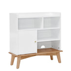 Meuble de rangement Color-Block avec pieds en bois massif et étagères ouvertes – Naturel, MDF, 5 compartiments ouverts + 1 compartiment caché