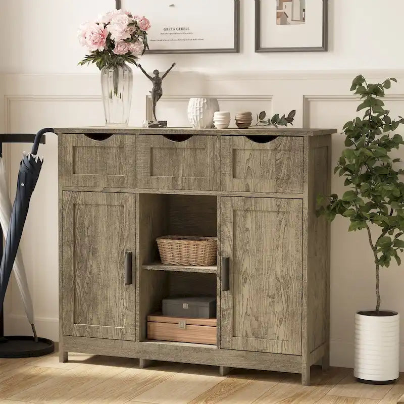 Meuble de rangement 3 tiroirs 2 portes – Vintage / Gris, MDF, Étagères réglables