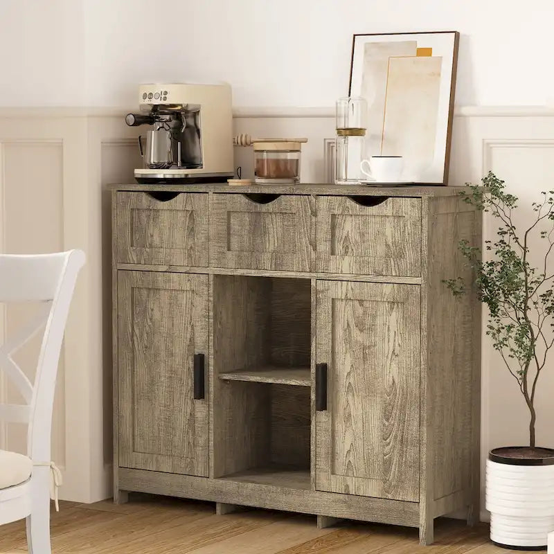 Meuble de rangement 3 tiroirs 2 portes – Vintage / Gris, MDF, Étagères réglables