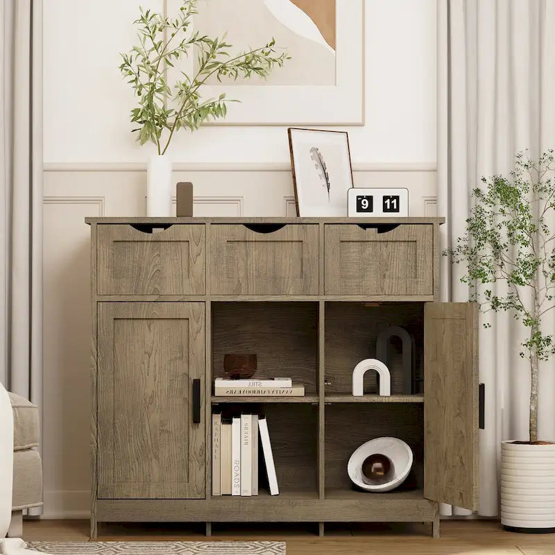 Meuble de rangement 3 tiroirs 2 portes – Vintage / Gris, MDF, Étagères réglables