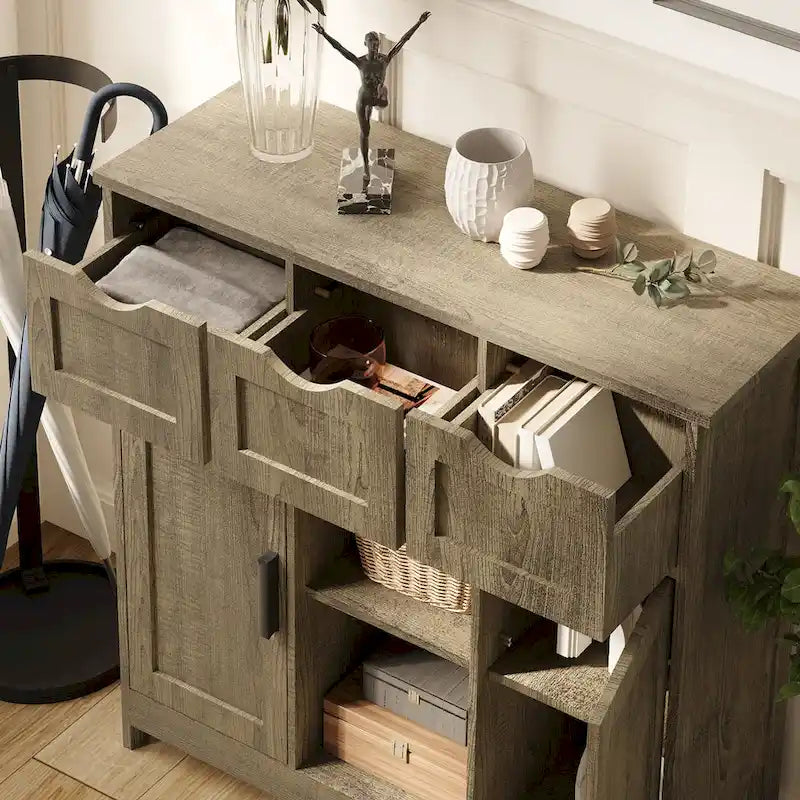 Meuble de rangement 3 tiroirs 2 portes – Vintage / Gris, MDF, Étagères réglables