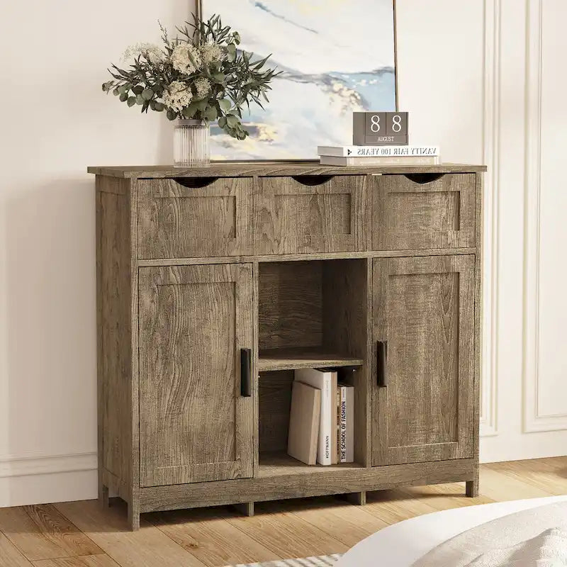 Meuble de rangement 3 tiroirs 2 portes – Vintage / Gris, MDF, Étagères réglables