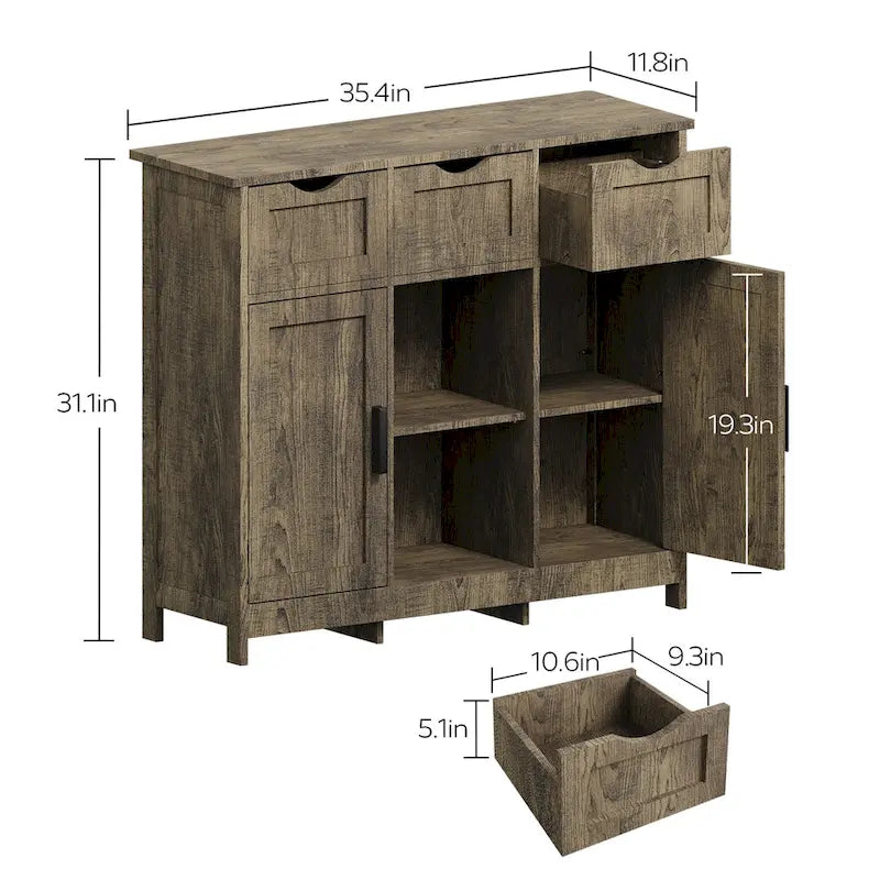 Meuble de rangement 3 tiroirs 2 portes – Vintage / Gris, MDF, Étagères réglables
