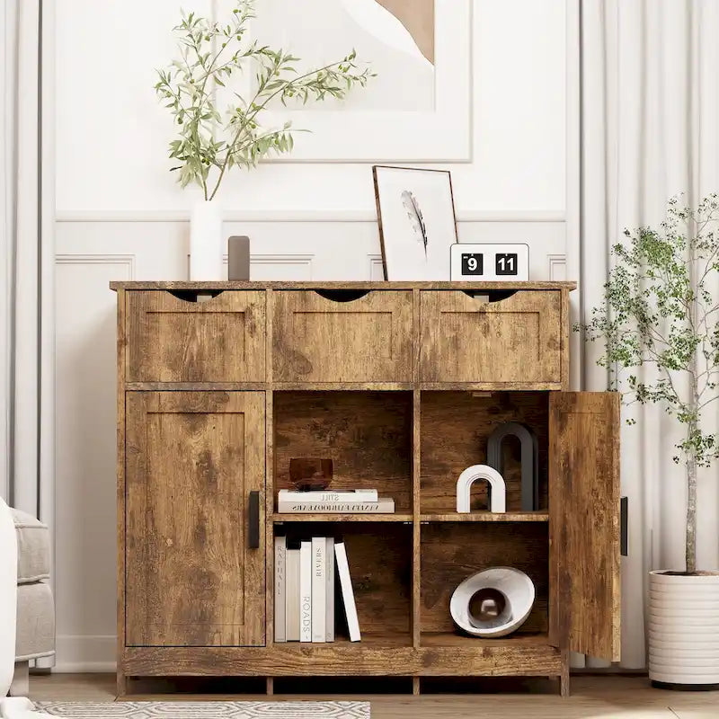 Meuble de rangement 3 tiroirs 2 portes – Vintage / Gris, MDF, Étagères réglables