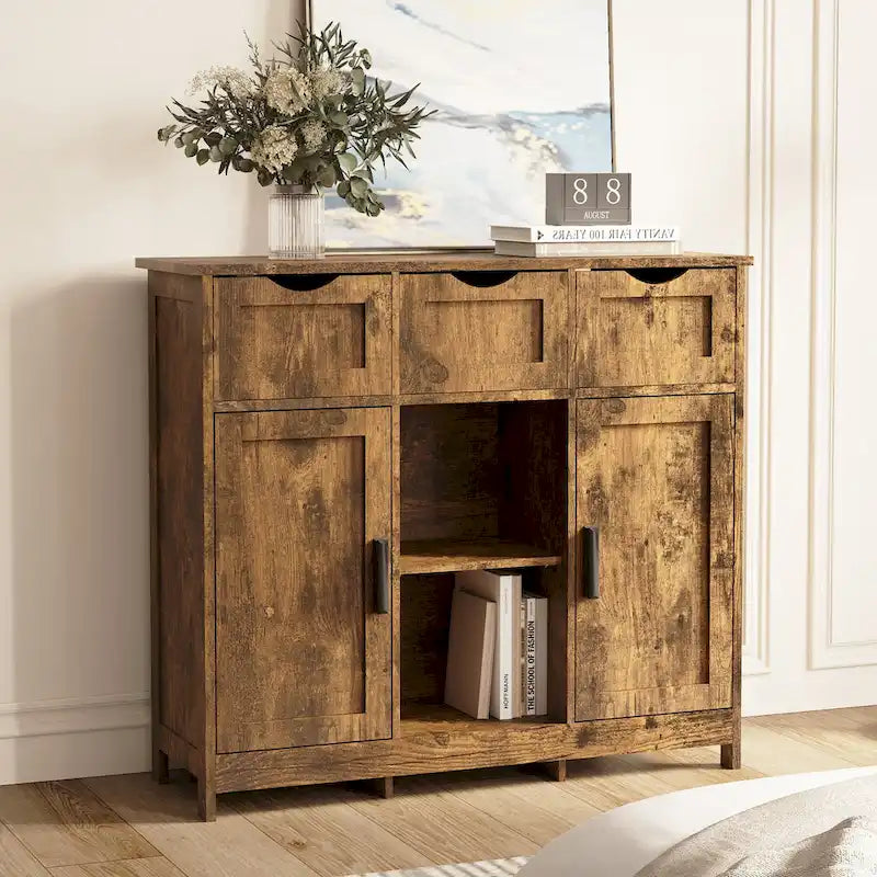 Meuble de rangement 3 tiroirs 2 portes – Vintage / Gris, MDF, Étagères réglables
