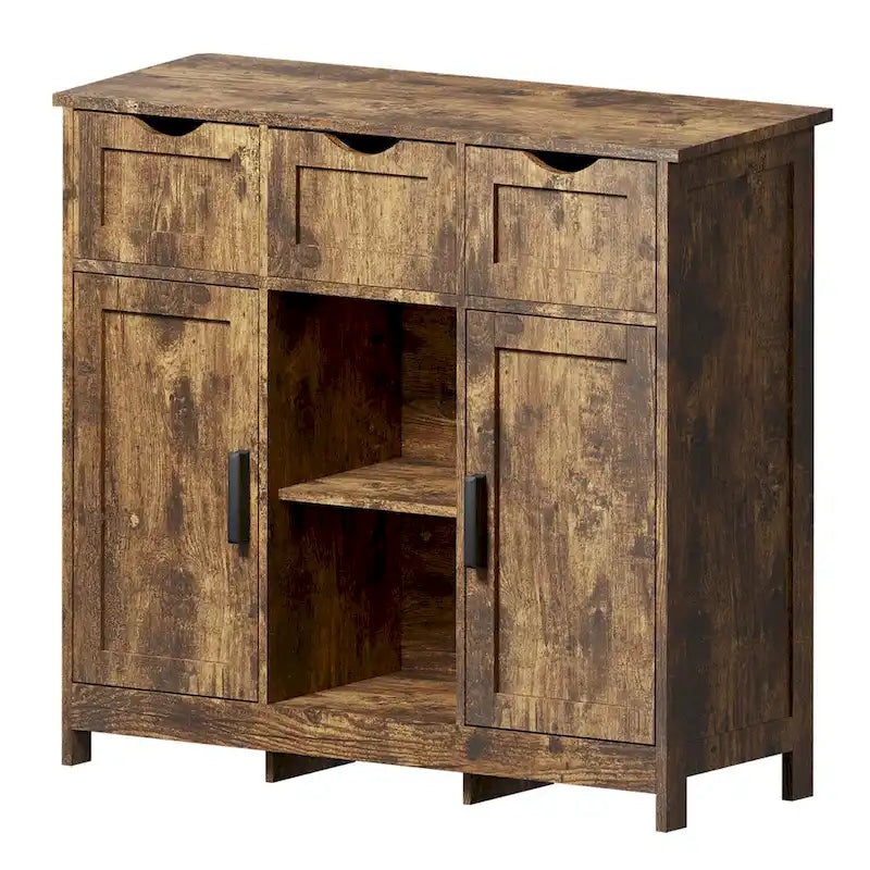 Meuble de rangement 3 tiroirs 2 portes – Vintage / Gris, MDF, Étagères réglables