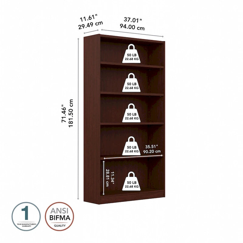 Bibliothèque haute à 5 étagères – Plusieurs finitions, hauteur de 183 cm, étagères réglables