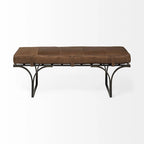 Banc rembourré en cuir véritable avec pieds en métal noir – Marron, 140 cm de large, 2 places