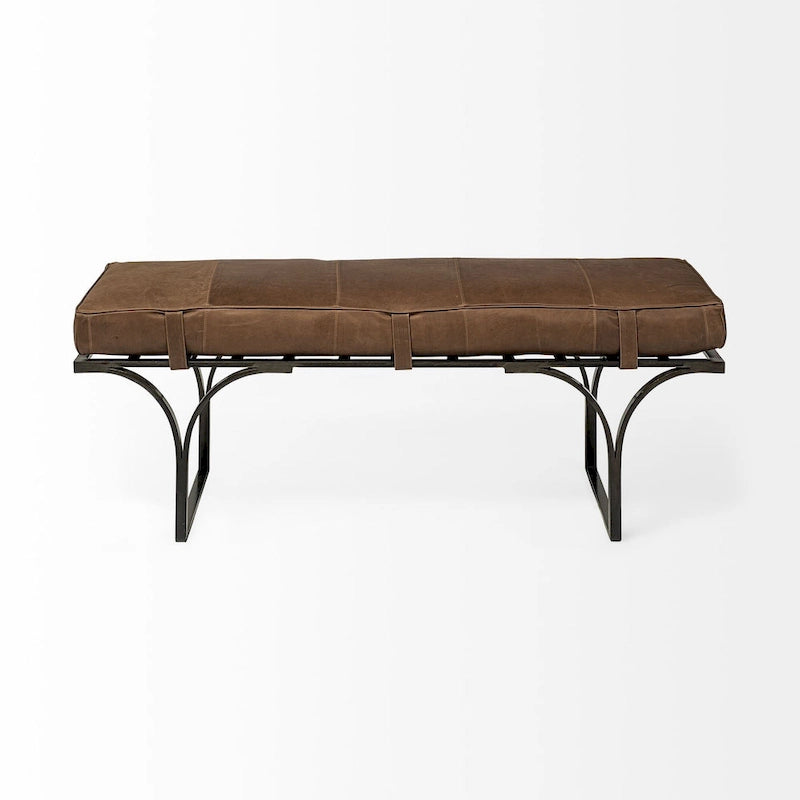 Banc rembourré en cuir véritable avec pieds en métal noir – Marron, 140 cm de large, 2 places