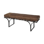 Banc rembourré en cuir véritable avec pieds en métal noir – Marron, 140 cm de large, 2 places