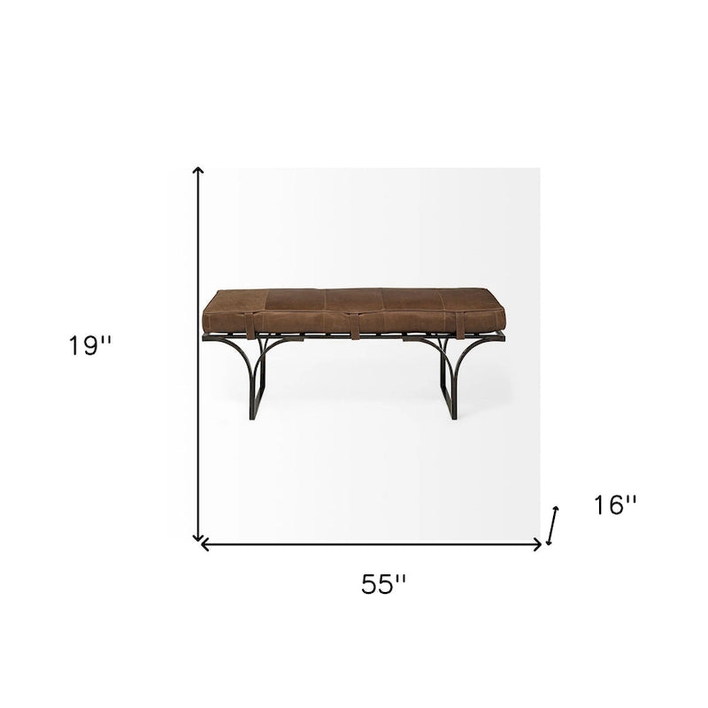 Banc rembourré en cuir véritable avec pieds en métal noir – Marron, 140 cm de large, 2 places