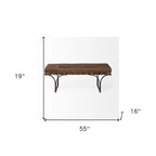 Banc rembourré en cuir véritable avec pieds en métal noir – Marron, 140 cm de large, 2 places