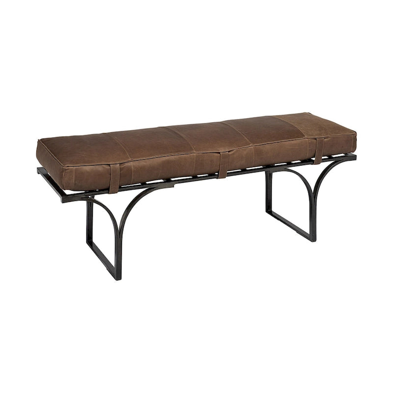 Banc rembourré en cuir véritable avec pieds en métal noir – Marron, 140 cm de large, 2 places