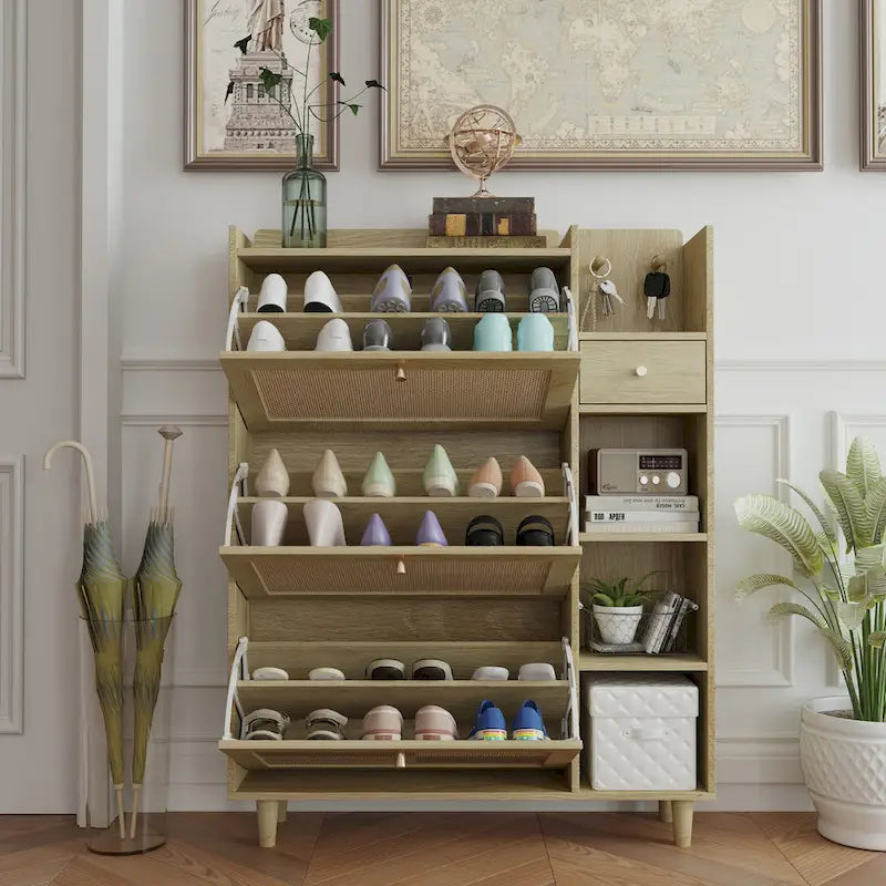 Meuble à Chaussures Abattant en Rotin – Bois Naturel, 3 Étagères & Tiroir de Rangement, Contient 18 Paires