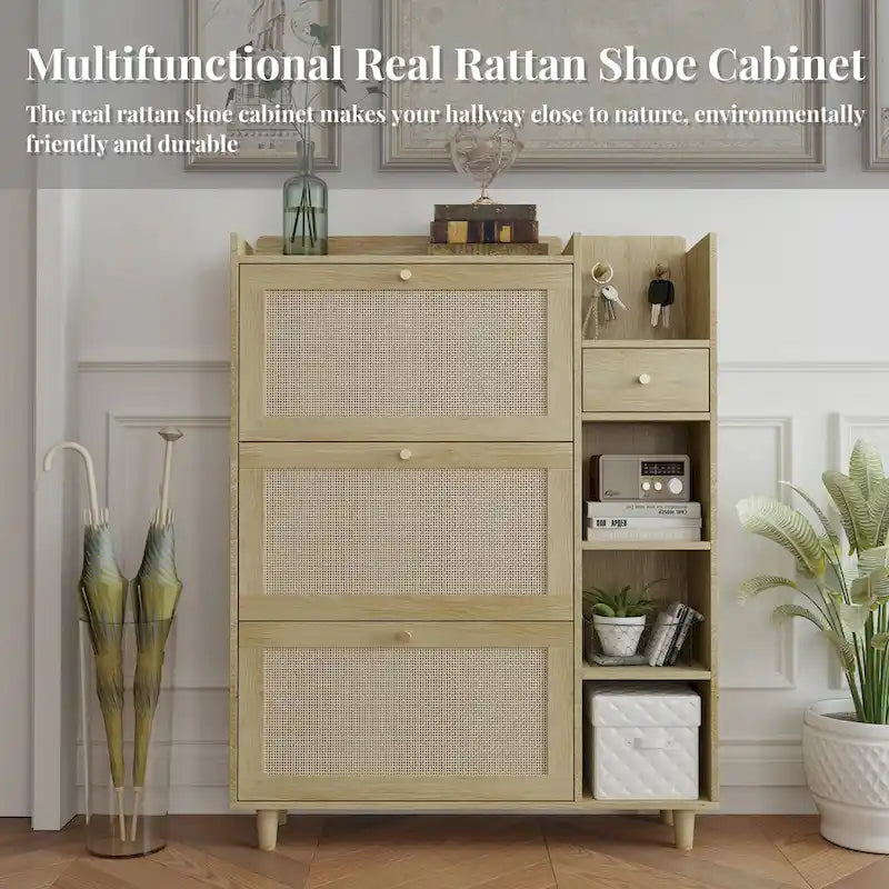 Meuble à Chaussures Abattant en Rotin – Bois Naturel, 3 Étagères & Tiroir de Rangement, Contient 18 Paires