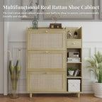 Meuble à Chaussures Abattant en Rotin – Bois Naturel, 3 Étagères & Tiroir de Rangement, Contient 18 Paires