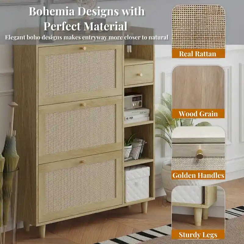 Meuble à Chaussures Abattant en Rotin – Bois Naturel, 3 Étagères & Tiroir de Rangement, Contient 18 Paires