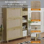 Meuble à Chaussures Abattant en Rotin – Bois Naturel, 3 Étagères & Tiroir de Rangement, Contient 18 Paires