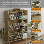 Meuble à Chaussures Abattant en Rotin – Bois Naturel, 3 Étagères & Tiroir de Rangement, Contient 18 Paires
